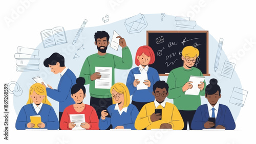 Diverse group of students learning and using technology in classroom setting.