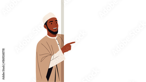 Flat vector illustration of smiling Muslim young man pointing on blank advertising banner background with space for text, suitable for Ramadan and Eid greeting cards, flyer design and Islamic content.
