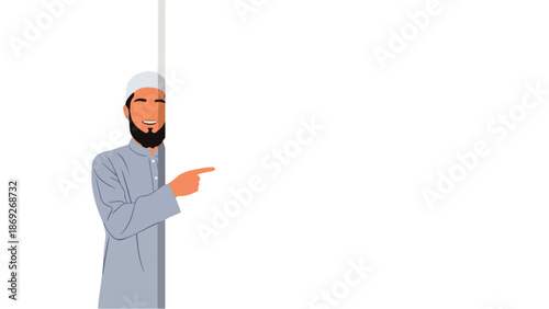 Flat vector illustration of smiling Muslim young man pointing on blank advertising banner background with space for text, suitable for Ramadan and Eid greeting cards, flyer design and Islamic content.