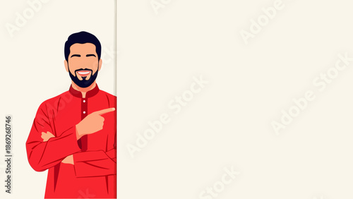 Flat vector illustration of smiling Muslim young man pointing on blank advertising banner background with space for text, suitable for Ramadan and Eid greeting cards, flyer design and Islamic content.
