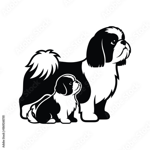 Black and white shih tzu silhouette isolated on white background, Vector, illustration
