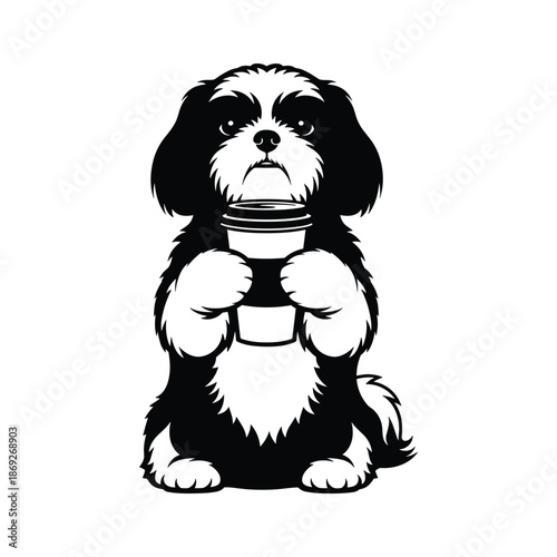 Dog holding coffee cup isolated on white background, Vector, illustration