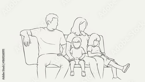 Family Sitting Together On A Bench Sketch.