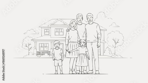 Family Posing Together In Front Of Their Home.