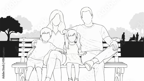 Family Sitting Together on a Park Bench Illustration.