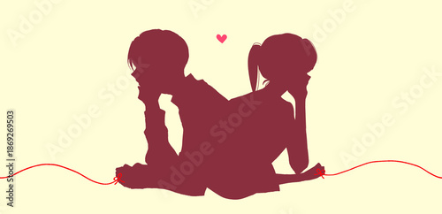 運命の赤い糸を結んだ背中合わせの男女　頬杖　シルエット