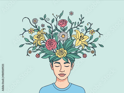 A serene man with closed eyes whose head blooms into a vibrant garden