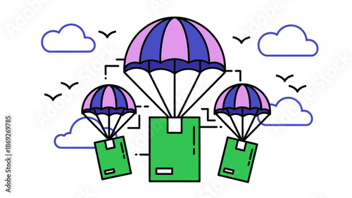 A colorful cartoon illustration of packages parachuting down from the sky.