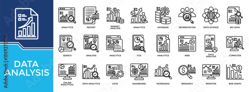 Data analysis icon set collection. Containing review, database, info, write, advice, monitor, news .Line vector icons collection