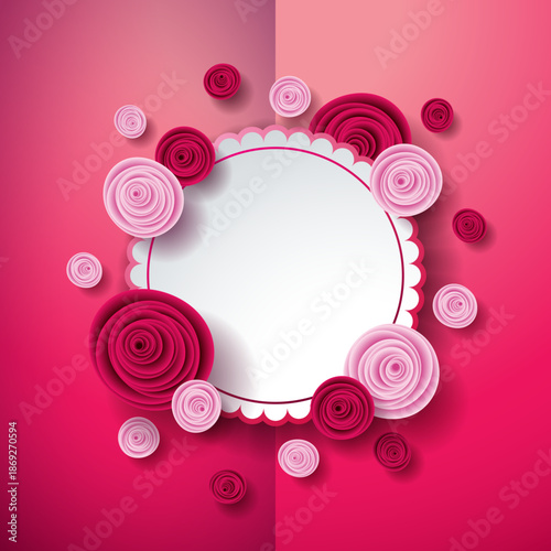 Elegant Valentine's Day Background with Paper-Cut Pink Roses and Blank Circular Frame for Copy Space