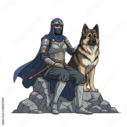 a female warrior sitting on a rock with a pet dog. isolated on a white background