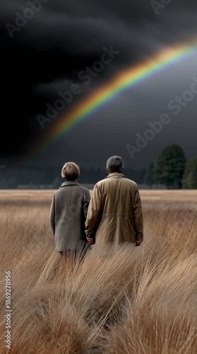 Two Figures Walking from Storm into Sunlit Meadow Hand-in-Hand