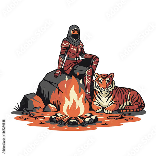 a female warrior sitting on a rock in front of a campfire with a pet tiger. isolated on a white background