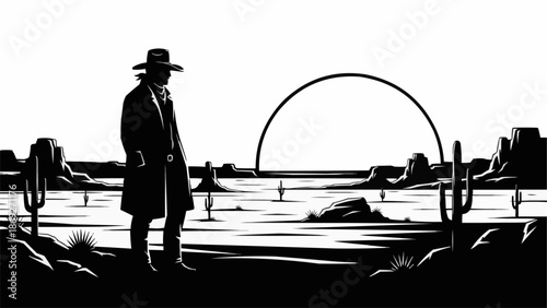 Lone cowboy standing in silhouette against a desert sunset.