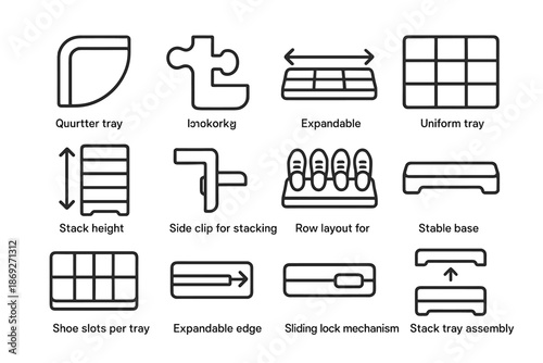 Height vector edge tray shoe icon shoes attachable modular stacking assembly symbol