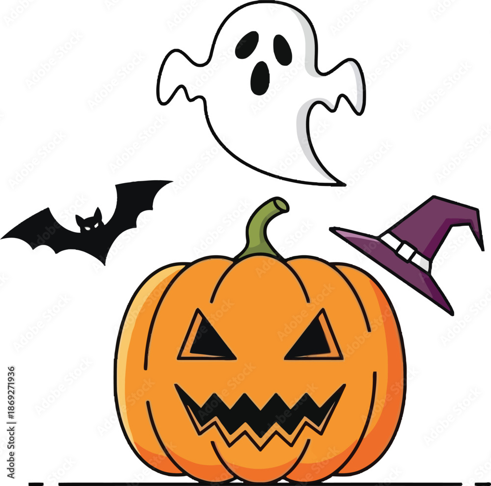 Fototapeta premium Halloween pumpkin with ghost and hat.