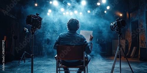 Man seated on film set reading printed script under dramatic stage lighting with equipment in background. Generative by AI.
