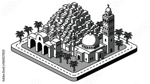A black and white illustration of a Middle Eastern city with a mosque and buildings