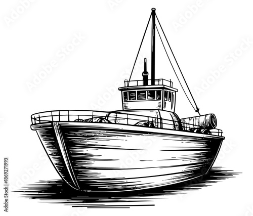 Hand-drawn commercial fishing boat with trawling equipment vector illustration