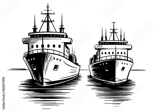 Hand-drawn illustration of two cargo ships sailing together on ocean