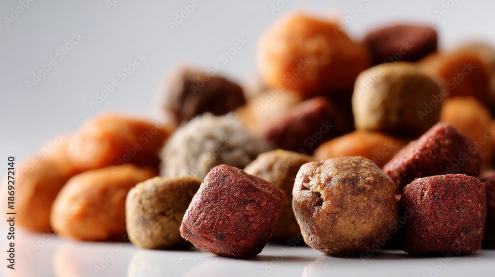 Fototapeta premium A delightful pile of small dog kibble in various colors and textures awaits playful puppies. This nutritious meal promises to excite furry companions during their feeding time