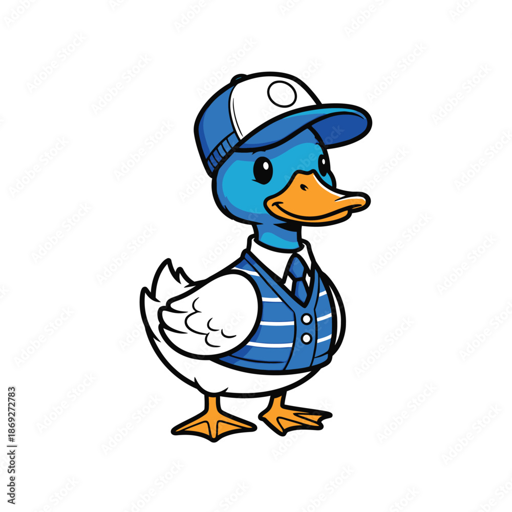 Obraz premium A cartoon duck wearing a blue vest and cap stands on white background.