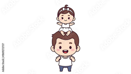 father carrying daughter on shoulders happily.