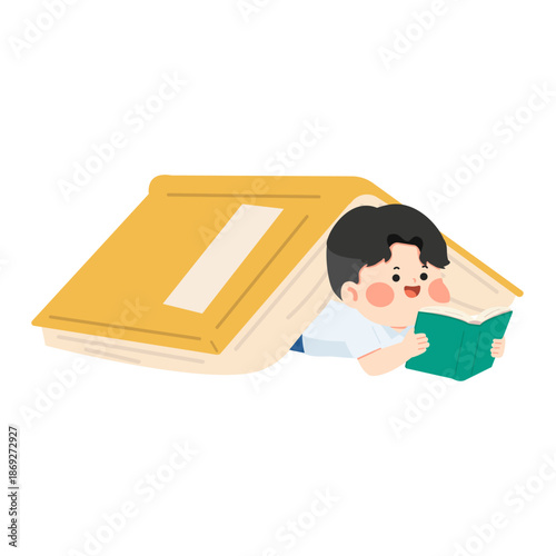 Cartoon Boy Reading Under Giant Book and Lying Down Reading