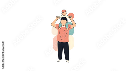 Father carrying child on shoulders happy family.