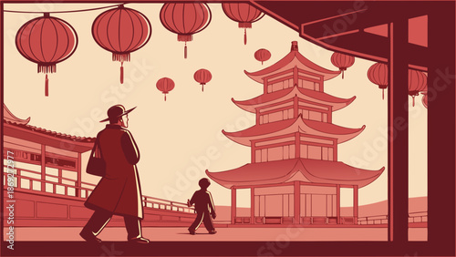 Illustration of a man and child walking past a pagoda with hanging lanterns in a traditional Chinese setting with warm red tones.