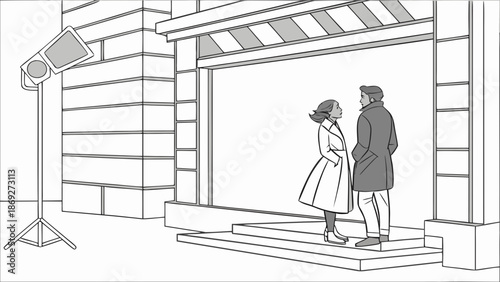 Stylish Couple Posing on Urban Street with Production Light, Black and White Line Art Illustration