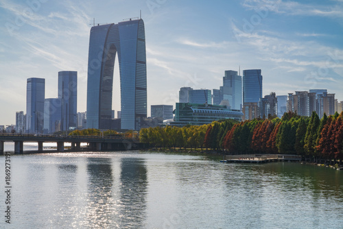 The skyline of modern urban architecture and the scenery of Jinji Lake in Suzhou, Jiangsu Province, China, on December 8, 2025
