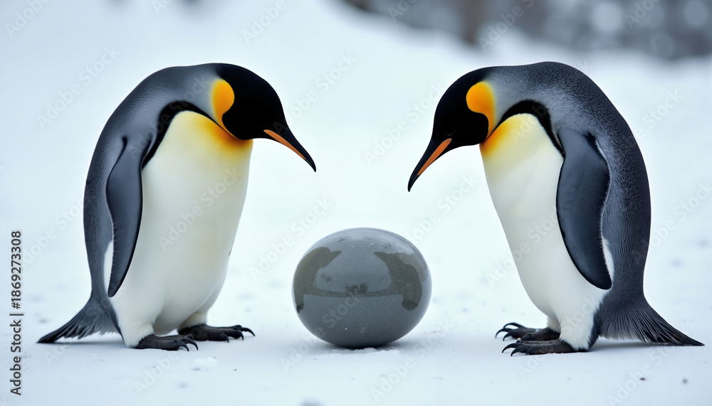 Fototapeta premium Two emperor penguins looking at a gray egg in snowy environment 