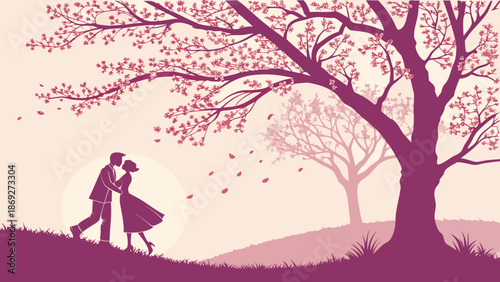 Romantic Silhouettes: Couple Kissing Under Blossoming Tree with Falling Petals at Sunset, Vector Illustration of Love in Nature