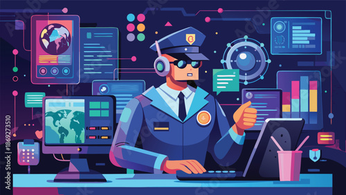 A police officer in uniform is working intently on a computer, surrounded by office equipment