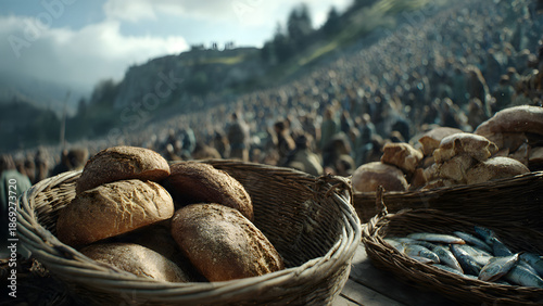 Baskets full of bread and fish present to a large crowd, suitable for religious, food, gatherings, miracles, events, biblical concepts.