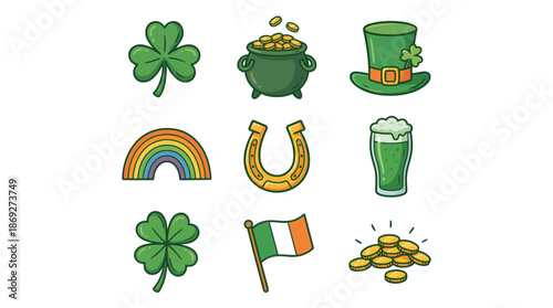 St. Patrick's Day themed icons including clovers, pots, and rainbows  