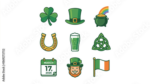 St. Patrick's Day themed icons with shamrock, hat, and rainbow  