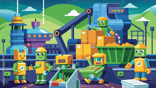 A vibrant factory scene featuring cartoon robots engaged in various tasks, highlighting their industrious nature
