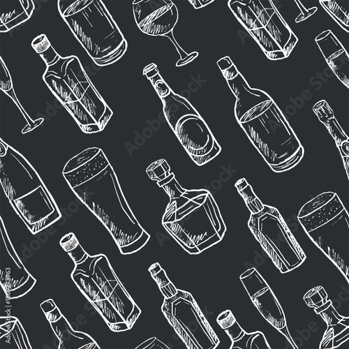 Hand drawn alcohol drinks seamless pattern with bottles and glass in white brush stroke texture isolated on white. Bar design, package, print. Vector sketch illustration in vintage charcoal ink