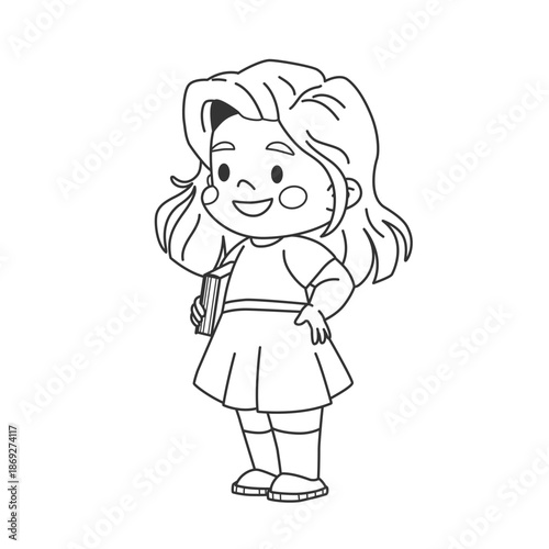Coloring page with full length schoolgirl. Line art kid standing with textbook. Cute student character coloring. Back to school. Children education