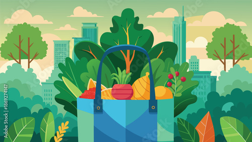 A shopping bag filled with colorful vegetables and fruits in a city park, illustrated in a flat vector style