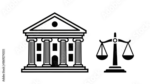 Vector illustration of a scale of justice and a legal column building icon representing a balance between law finance and house business concepts