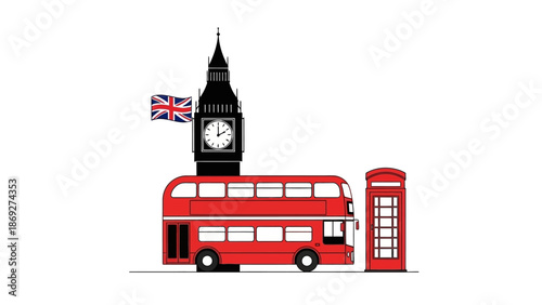 Vintage illustration of the Big Ben and Houses of Parliament clock tower featuring a red bus on a London street with classic UK architecture and a bridge in the historic city of England