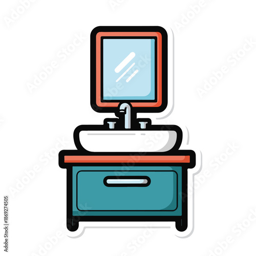 A bathroom vanity with a mirror and sink