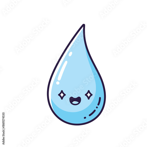 Cute cartoon water droplet with smiling face on white background illustration