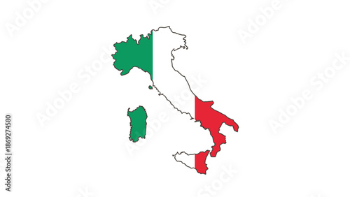 Vector illustration of a 3D Italy map featuring the national flag and country borders within the European continent for geographic design