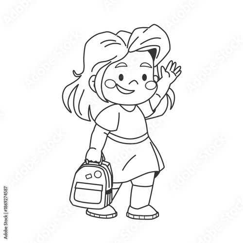 Coloring page with schoolgirl waving hand. Pupil line art with school bag. Cute character student coloring book page. Back to school. Children education.