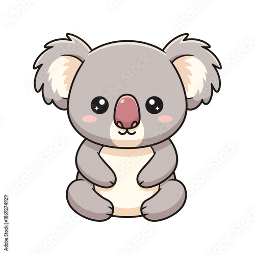 An illustration of a cute koala sitting on the ground looking forward with big eyes.