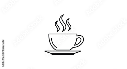 Minimalist black outline icon of a steaming hot cup of coffee or tea sitting on a saucer against a plain white background.